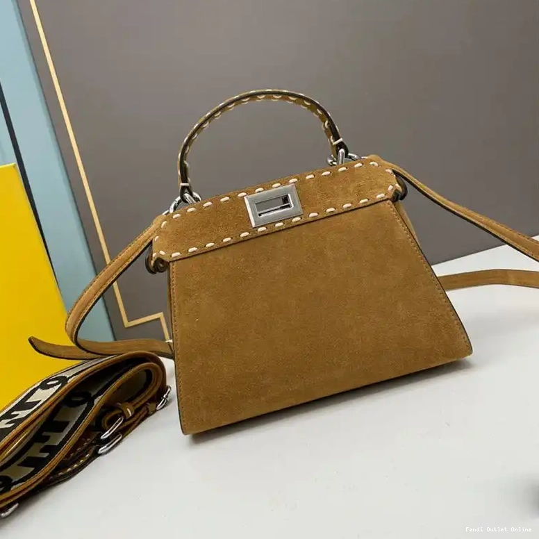 Affordable Brown Suede Fendi In Peekaboo Bag Iconic Stitching Mini 0614